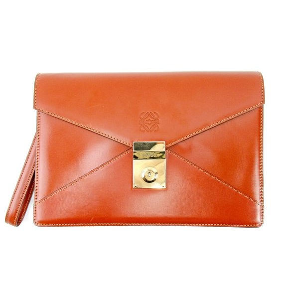 Loewe Handbags - Auth LOEWE clutch bag business bag women''s anagram brown leather used T9805
